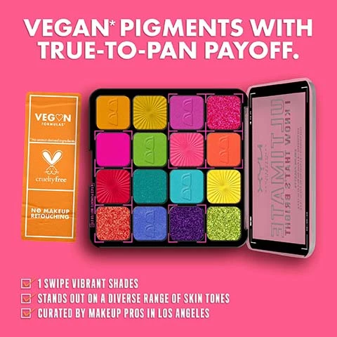 Image 1, vegan pigments with true to pan payoff vegan, cruelty free, no makeup retouching. 1 swipre vibrant shades, stands out on a diverse range of skin tones, curated by makeup pros in los angeles. image 2, 16 vegan true to pan payoff shades. matte, shimmer and high pearl. Image 3, contour, blend berry shade to define the crease. wing diffuse shadow toward the temple to lift. accent buff lower lash line with orange to enhance eye colour. Image 4, your favourite palette now even better. now 100% vegan formula, no fall out no fading and no creasing. ultimate shadow palette vs ultimate now that's bright palette