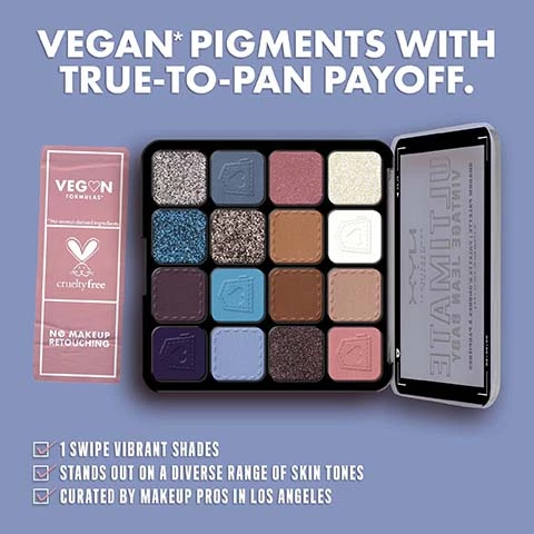Image 1, vegan pigments with true to pan payoff vegan, cruelty free, no makeup retouching. 1 swipre vibrant shades, stands out on a diverse range of skin tones, curated by makeup pros in los angeles. image 2, 16 vegan true to pan payoff shades. matte, shimmer, high pearl and metallic. Image 3, define create cut crease with deep blue. shade add bright blue metallic to lids line lift eye with winged liner.
