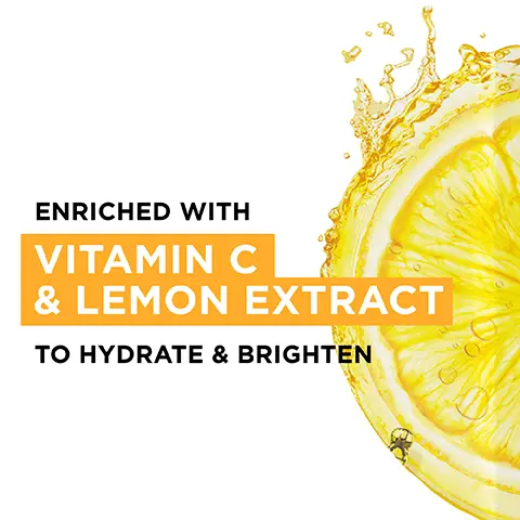 Image 1, enriched with vitamin C and lemon extract to hydrate and brighten. Image 2, pomegranate and hyaluronic acid. Image 3, enriched with orange juice and hyaluronic acid to reduce eye bags and brighten eye contours. Image 4, leaping bunny approved, no animal derived ingredients or by products, biodegradable by home compost