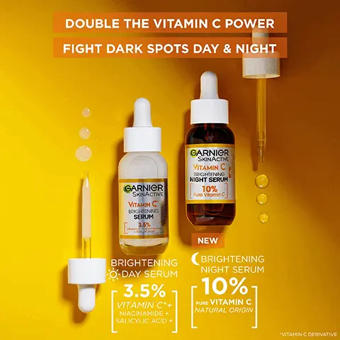 Image 1, double the vitamin power fight dark spots day and night, 3.5% vitamin C niacinamide and salicylic acid, 10% pure vitamin C natural origin. Image 2, visibly reduces dark spots 8/10 agree its the best serum they've ever used. Image 3, when to apply in the morning, how to apply massage onto clear skin and amount to apply 1 full dropper. Image 4, THE BRIGHTENING POWER OF 10% PURE VITAMIN C NIGHT SERUM Brighter, smoother & rested looking skin GARNIER SKINACTIVE VITAMIN C BRIGHTENING NIGHT SERUM' 10% Pure Vitamin C Skin tone appears more even and overall skin appearance improved Cruelty Free
              INTERNATIONAL VEGAN FORMULA* no animal derived ingredients