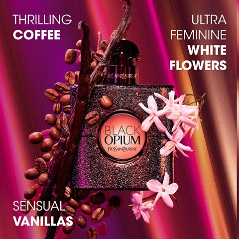 Image 1, thrilling coffee, ultra feminine white flowers, sensual vanillas. image 2, rouge pur couture shade RM rogue muse.