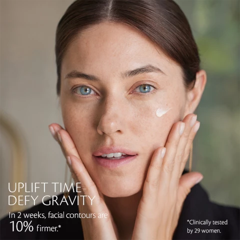 image 1, uplift time defy gravity in 2 weeks facial contours are 10% firmer. clinically tested by 29 women. image 2, firming serum supreme. skin tightening and anti gravity. Image 3, 4D future firm, 3D firming by stimulating tightening and inner resilience plus extra dimension firming by impriving surface strength. image 4, root hybrid complex, botanically derived ingredients that target overall definition