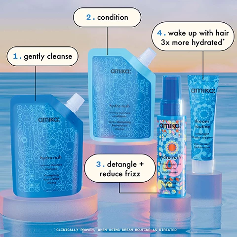 Image 1, 1 = gentle cleanse, 2 = condition, 3 = detangle and reduce frizz, 4 = wake up with hair 3 times more hydrated. clinically proven when using dream routine as directed. image 2, moisturised hair for 72 hours, reduces breakage by 50%, hair 3 times more hydrated. clinically proven when shampoo and conditioner used as a system. clinically proven when using dream routine as directed. image 3, before and after 3 times more hydration, clinically proven when shampoo and conditioner used as system. image 4, before and after hydro rush, hair unretouched. image 5, before and after dream routine, hair unretouched.