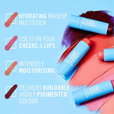Image 1, hydrating makeup multistick, use it on your cheeks and lips, intensely moisturising, delivers buildable highly pigmented colour. Image 2, deeply nourishing formula infused with skin loving ingredients for a smooth glide cruelty free international leaping bunny