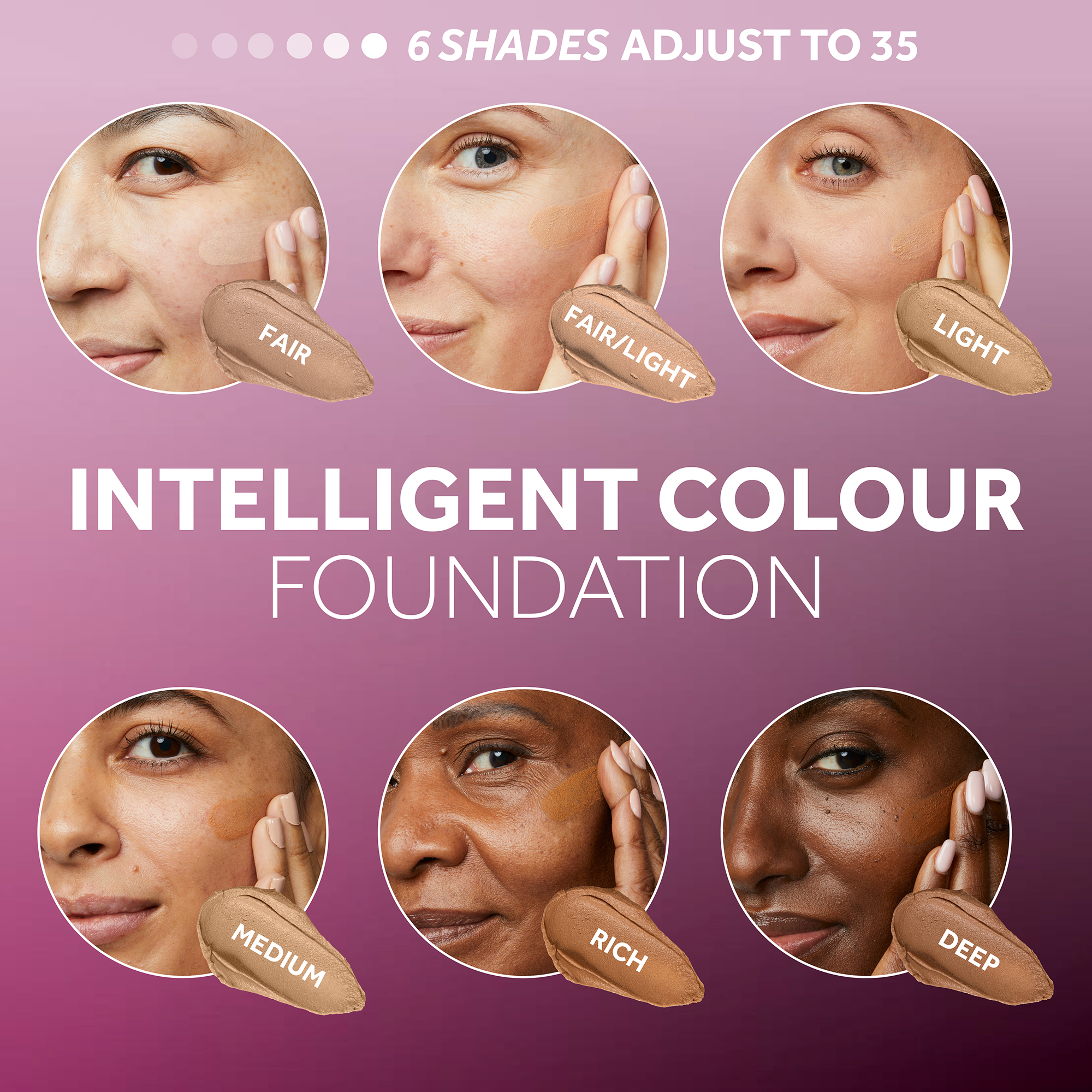 6 shades adjust to 35. Intelligent colour foundation. Fair, Fair/Light, Light, Medium, Rich, Deep