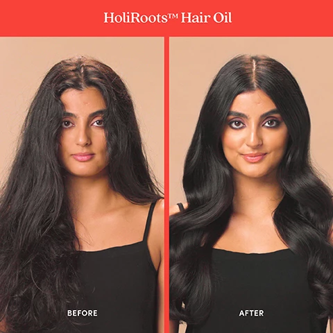 image 1, holiroots hair oil before and after. image 2, saha scalp amla soothing serum before and after. image 3, maha mane smooth and shine hair oil before and after.