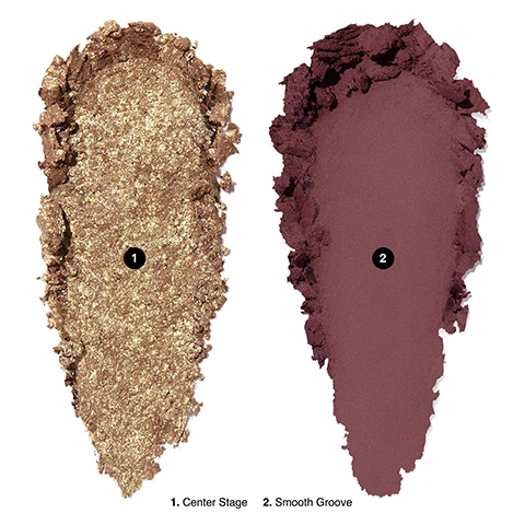 Image 1, center stage and smooth groove swatches. image 2, swatches of center stage and smooth groove swatches on three different skin tones