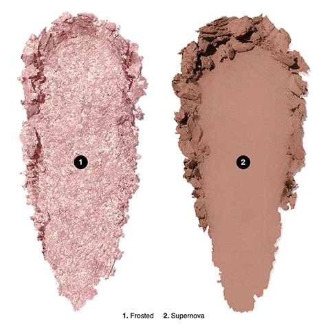 Image 1, swatches of frosted and supernova. image 2, swatches of frosted and supernova on three different skin tones