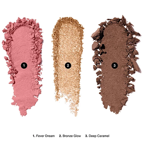 Image 1, swatches of fever dream, bronze glow and deep caramel. image 2, swatches of fever dream, bronze glow and deep caramel on three different skin tones