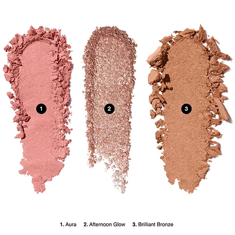 Image 1, swatches of aura, afternoon glow and brilliant bronze. image 2, swatches of aura, afternoon glow and brilliant bronze on 3 different skin tones