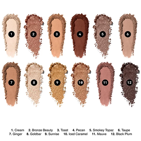 Image 1, swatches of cream, bronze beauty, toast, pecan, smokey topaz, taupe, ginger, goldbar, sunrise, iced caramel, mauve and black plum. image 2, swatches of cream, bronze beauty, toast, pecan, smokey topaz, taupe, ginger, goldbar, sunrise, iced caramel, mauve and black plum on three different skin tones