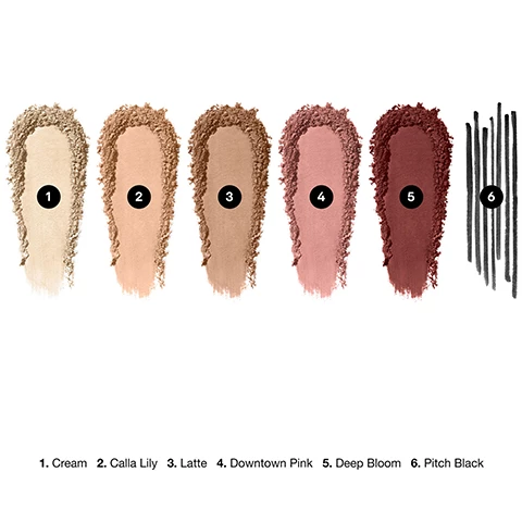 Image 1, swatches of cream, calia lily, latte, downtown pink, deep bloom and pitch black. image 2, swatches of cream, calia lily, latte, downtown pink, deep bloom and pitch black on three different skin tones
