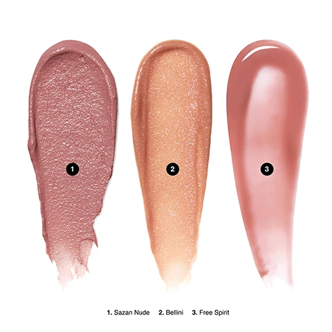 swatches of sazan  nude, bellini and free spirit