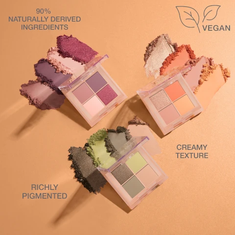 90% naturally derived ingredients, vegan, creamy texture, richly pigmented