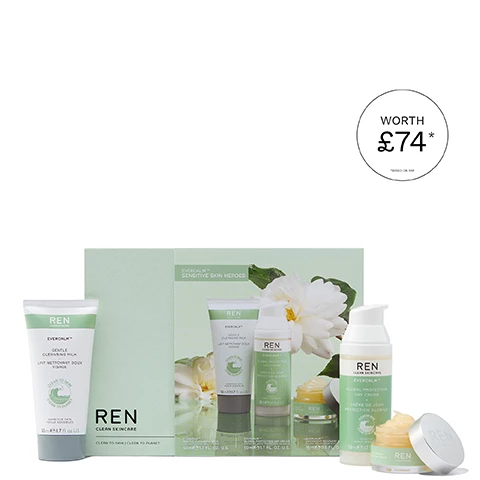 Image 1, worth £74. image 2, step 1 = soothe with gentle cleansing milk. step 2 = calm with global protection day cream. step 3 = strengthen with overnight recovery balm. image 3, bioactives. fennel seed extract protects against free radicals. blackcurrent seed oil locks in moisture. enzymatically activated oils helps repair the skin barrier