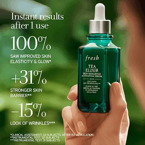 Image 1, Instant results after 1 use 100% SAW IMPROVED SKIN ELASTICITY & GLOW* +31% STRONGER SKIN BARRIER** -15% LOOK OF WRINKLES*** fresh TEA ELIXIR SKIN RESILIENCE ACTIVATING SERUM EXCLUSIVE AFT TECHNOLOGY ELIXIR DE THE SERUM ACTIVATEUR DE RESILIENCE DE LA PEAU *CLINICAL ASSESSMENT, 33 SUBJECTS, AFTER 1ST APPLICATION **INSTRUMENTAL TEST, 32 SUBJECTS ***INSTRUMENTAL TEST, 31 SUBJECTS. Image 2, 72hr DEEP HYDRATION* 98% FELT SKIN WAS PLUMPED WITH MOISTURE 98% agreed skin was dewy *instrumental test, 11 subjects**self-assessment, 60 subjects, 4 weeks. image 3, 18.6tons of cardboard saved by removing the outer box (that's 316 trees worth) 21% post-consumer recycled materials used for tube our soy proteins are repurposed from food industry *150ml production over 24 months **150ml size y proteins