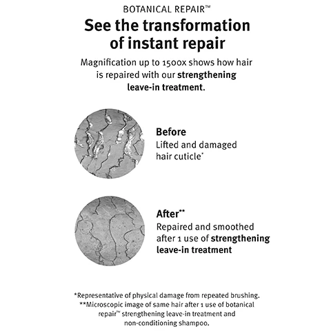 Image 1, botanical repair see the transformation of instant repair. magnification up to 1500 times shows how hair is repaired with our strengthening leave in treatment. before - lifted and damaged hair cuticle. after - repaired and smoothed after 1 used of strengthening leave in treatment. representative of physical damage from repeated brushing. microscopic image of same hair after 1 use of botanical repair strengthening leave in treatment and non conditioning shampoo. image 2, reduce scalp oil by 76%. tested on 27 women after using the product one time. image 3, before, second day, unwashed hair. after, using scalp solutions massager, overnight scalp renewal serum, exfoliating scalp treatment, balancing shampoo, replenishing conditioner and refreshing protective mist one time. image 4, gently exfoliates the scalp with salicylic acid.