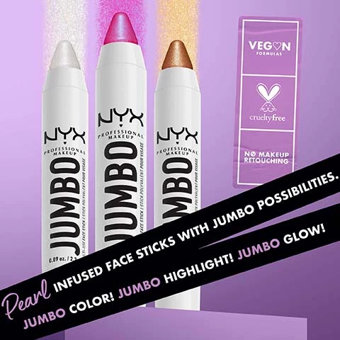 Image 1, pearl infused face sticks with jumno possibilites. jumbo colours - jumbo highlight and jumbo glow. vegan formula, cruelty free and no makeup retouching. Image 2, jumbo possibilities - above the brow, brow bone, nose bridge, nose tip, cupids bow and cheek bone. Image 3, precise tip for targeted application. Image 4, twist up back, no sharpener needed. Image 5, infused with pearl pigments for jumbo highlight and jojoba oil for smooth even application.