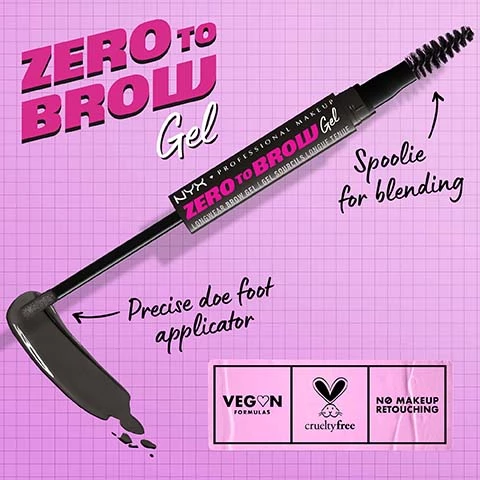 Image 1, zero to brow gel. precise doe foot applicator, spoolie for blending. vegan formula, cruelty free, no makeup retouching. Image 2, up to 2 day wear, our brow breakthrough. transfer resistent, fade resistant, smudge resistant. Image 3, apply freehand or pair with stencils. thick or thin stencils. and 7 shades. Image 4, no makeup retouching, zero to brow stencil for skinny brows