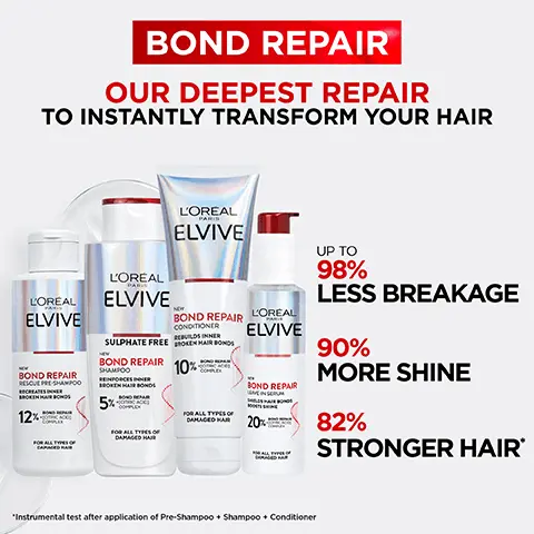 Image 1, BOND REPAIR OUR DEEPEST REPAIR TO INSTANTLY TRANSFORM YOUR HAIR NEW L'ORÉAL PARIS ELVIVE BOND REPAIR RESCUE PRE-SHAMPOO RECREATES INNER BROKEN HAIR BONDS 12% BOND REPAIR +[CITRIC ACID] COMPLEX L'ORÉAL PARIS ELVIVE L'ORÉAL PARIS ELVIVE NEW BOND REPAIR CONDITIONER REBUILDS INNER SULPHATE FREE BROKEN HAIR BONDS NEW BOND REPAIR SHAMPOO REINFORCES INNER BROKEN HAIR BONDS 5% BOND REPAIR +[CITRIC ACID] COMPLEX FOR ALL TYPES OF DAMAGED HAIR FOR ALL TYPES OF DAMAGED HAIR 10% BOND REPAIR +[CITRIC ACID] COMPLEX FOR ALL TYPES OF DAMAGED HAIR L'ORÉAL PARIS ELVIVE NEW BOND REPAIR LEAVE-IN SERUM SHIELDS HAIR BONDS BOOSTS SHINE 20% BOND REPAIR +[CITRIC ACID] COMPLEX FOR ALL TYPES OF DAMAGED HAIR UP TO 98% LESS BREAKAGE 90% MORE SHINE 82% STRONGER HAIR* *Instrumental test after application of Pre-Shampoo + Shampoo + Conditioner Image 2, BEFORE BONDED NO RETOUCH BEFORE BONDED NO RETOUCH BEFORE BONDED NO RETOUCH FOR ALL TYPES OF DAMAGED HAIR BREAKAGE SPLIT ENDS FRIZZ DRYNESS DULLNESS Image 3, BOND REPAIR REBUILD BROKEN BONDS FROM INSIDE OUT STEP (1 STEP (2 STEP (3 STEP (4 L'ORÉAL PARIS ELVIVE NEW L'ORÉAL PARIS ELVIVE BOND REPAIR RESCUE PRE-SHAMPOO RECREATES INNER BROKEN HAIR BONDS 0/ BOND REPAIR +[CITRIC ACID] 12% COMPLEX L'ORÉAL PARIS ELVIVE SULPHATE FREE NEW BOND REPAIR SHAMPOO REINFORCES INNER BROKEN HAIR BONDS BOND REPAIR +[CITRIC ACID] 10 COMPLEX 5%- FOR ALL TYPES OF DAMAGED HAIR NEW BOND REPAIR CONDITIONER REBUILDS INNER BROKEN HAIR BONDS 10% BOND REPAIR +[CITRIC ACID] COMPLEX FOR ALL TYPES OF DAMAGED HAIR L'ORÉAL PARIS ELVIVE NEW BOND REPAIR LEAVE-IN SERUM SHIELDS HAIR BONDS BOOSTS SHINE 20% BOND REPAIR +[CITRIC ACID) COMPLEX FOR ALL TYPES OF DAMAGED HAIR PRE-SHAMPOO TREATMENT SHAMPOO CONDITIONER FOR ALL TYPES OF DAMAGED HAIR LEAVE-IN SERUM 12% CITRIC ACID RECREATES INNER BROKEN HAIR BONDS 5% CITRIC ACID GENTLY CLEANSES AND REINFORCES BROKEN BONDS 10% CITRIC ACID SEALS THE CUTICLE FOR MAXIMUM CARE 20% CITRIC ACID SHIELDS HAIR BONDS & ENHANCES SOFTNESS & SHINE