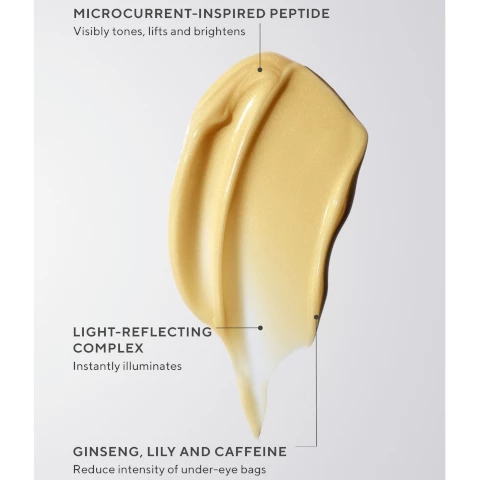 Image 1, microcurrent inspired peptide visibly tones, lifts and brightens. light reflecting complex instantly illuminates. ginseng, lily and caffeine reduce intensity of under eye bags. image 2, unretouched real results, before and after 2 weeks. targeted eye depuffer