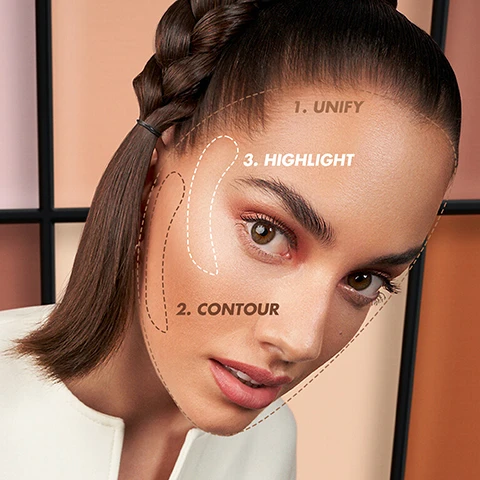 Image 1, 1 = unify. 2 = contour. 3 - highlight. image 2, 6 shades to unify 2 shades to contour, 4 shades to highlight. image 3, before and after on 4 different skin tones. imagw 4, 12 creamy easy to blend shades. lightweight natural finish, long lasting.