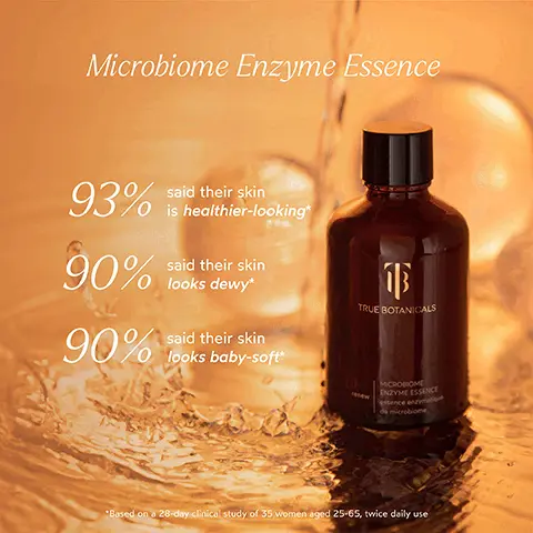 Image 1, Microbiome Enzyme Essence 93% said their skin O is healthier-looking* 90% said their skin looks dewy* 16 TRUE BOTANICALS 90% said their skin looks baby-soft* MICROBIOME ENZYME ESSENCE sence enzymatio microbiome *Based on a 28-day clinical study of 35 women aged 25-65, twice daily use Image 2, BEFORE AFTER "unretouched Image 3, BEFORE AFTER "unretouched. Image 4, INGREDIENT SPOTLIGHT Microbiome Enzyme Essence PINEAPPLE & PAPAYA ENZYMES Help soften and exfoliate by shedding the dead skin layer off the surface WILD-SOURCED FINGER LIME Helps to break down dead surface skin cells to increase absorption of other products BUCKWHEAT FERMENT A fermented prebiotic that helps to balance and nourish your skin's microbiome