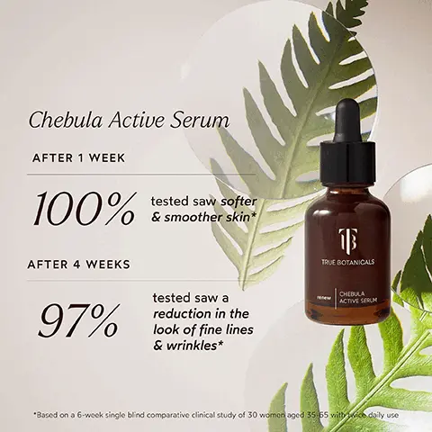 Image 1, Chebula Active Serum AFTER 1 WEEK 100% tested saw softer & smoother skin* AFTER 4 WEEKS 97% tested saw a reduction in the look of fine lines & wrinkles* TRUE BOTANICALS CHEBULA ACTIVE SERUM *Based on a 6-week single blind comparative clinical study of 30 women aged 35-65 with wice daily use Image 2, BEFORE AFTER *unretouched Image 3, BEFORE AFTER Image 4, BEFORE AFTER Image 5, INGREDIENT SPOTLIGHT Chebula Active Serum CHEBULA Anti-aging powerhouse that helps fight 5 signs of aging while supporting the skin barrier HYALURONIC ACID Delivers a powerful burst of hydration, helps minimize the look of wrinkles ELDERBERRY A potent antioxidant that encourages glowing skin