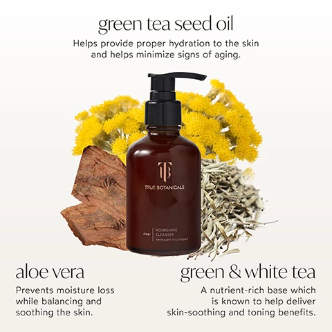 Image 1, green tea seed oil helps provide proper hydration to the skin and helps minimize signs of aging. aloe vera prevents moisture loss while balancing and soothing the skin. green and white tea a nutrient rich base which is known to deliver skin soothing and toning benefits. Image 2, cleanse and balance oily skin while nourishing and supporting the skin barrier.