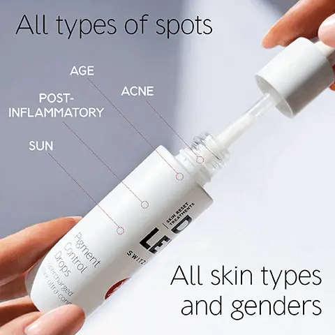 Image 1, All types of spots, age, post inflammatory, acne, sun, all skin types and genders. Image 2, Before and After model shot. Image 3, 14% anti-pigmentation powerhouse 4% Red algae oligosaccharide 2% Tranexamic acid Nature-based TREATMENTS SKIN RESET 5% Niacinamide 3% Vitamin C LE in stabilised form SWITZE Pigment Control complex for a more even, spots-free complexion and a renewed glow. Drops Supercharged for ultra-concentre. Image 4, HIGH-ALTITUDE SWISS ALPINE
              OX anti-oxidants complex White Genepi Mallow Flowers Swiss Peppermint ment Cowslip lemon balm. Image 5, eye contour, face, neck and décolleté hands. Image 6, 1. Pigment Control Drops AM/PM 2. Booster Serum AM/PM 3. Booster Cream AM/PM