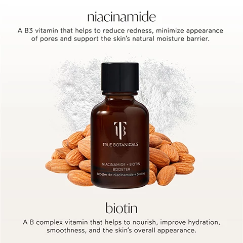 Image 1, niacinamide a b3 viamin that helps to reduce redness, minimize appearance of pores and support the skin's natural moisture barrier. biotin a b complex vitamin that helps to nourish, improve hydration, smoothness and the skin's overall appearance. Image 2, minimize pores, maximize glow.