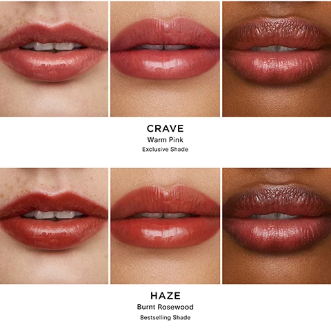 Image 1, crave - warm pink exclusive shade. haze - burnt rosewood bestselling shade. image 2, 100% said lips feel instantly hydrated shade - haze. image 3, 96% said lips looked plumped all day shade - crave. image 4, instantly plumps, high-shine non sticky finish. vegan and cruelty free, hydrating smoothing and softening. refreshing cooling sensation.