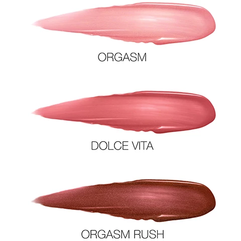 Image 1, swatches of orgasm, dolche vita, orgasm rush. image 2, swatches of orgasm, dolche vita, orgasm rush on three different skin tones. image 3, orgasm - peachy pink with golden shimmer on three different skin tones. image 4, dolche vita dusty rose on three different skin tones. image 5, orgasm rush rosy bronze on three different skin tones