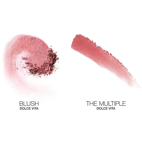 Image 1, swatches of blush dolche vita and the multiple dolce vita. image 2, dolce vita matte dusty rose on three different skin tones. image 3, dolce vita dusty rows on three different skin tones.