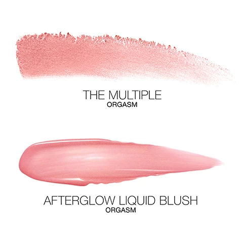 Image 1, swatches of the multiple in orgasm and afterglow liquid blush in orgasm. image 2, swatches of the multiple in orgasm and afterglow liquid blush in orgasm on three different skin tones. image 3, orgasm, sheer peachy pink with golden shimmer on three different skin tones. image 4, orgasm peachy pink with golden shimmer on three different skin tones