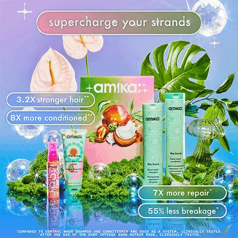 supercharge your strands. 3.2 times stronger hair, 8 times more conditioned. 7 times more repair. 55% less breakage. compared to control when shampoo and conditioner are used as a system, clinically tested. after one us of the kure intense bond repair mask, clinically tested. Step into a repair-allel universe. cleanse, conditioner, deeply repair and strengthen and detangle and reduce frizz. Before and after. Washed hair with the kure shampoo and conditioner, then applied kure bone repair mask for 10 minutes. hair unretouched. Vegan, cruelty-free, paraben-free, phthalate-free, sls + sles free, color-safe, suitable for chemically treated hair.