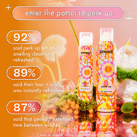 Image 1, enter the portal to perk up. 92% said perk up left hair smelling clean and refreshed. 89% said their hair and scalp was instantly refreshed. 87% said that perk up extended time between washes. based on consumer testing of 53 participants. image 2, refresh your reality. rice starch for volume and oomph, absorbs oil for a freshly washed look. sea buckthorn to nourish hair. talc free and leaves no residue. image 3, perk up fry shampoo before and after. hair unretouched. image 4, how to use perk up dry shampoo. 1 = shake well. 2 = hold 8 inches away. 3 = spray onto roots in a sweeping motion. 4 = wait 30 seconds. 5 = massage or brush through. viola locks are looking fresh.vegancruelty-freeparaben-free83 phthalate-freeO sis + sles freecolor-safesuitable for chemically treated hair