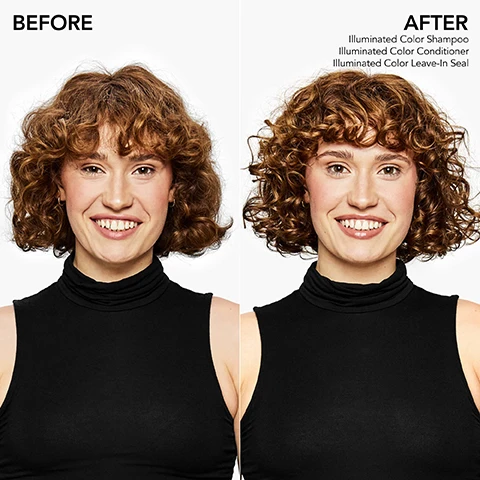 Image 1 - Image shows a side-by-side comparison of a woman with curly hair; the left side labeled BEFORE shows her with a less defined hairstyle, and the right side labeled AFTER shows her with more defined curls, featuring the text Illuminated Color Shampoo, Illuminated Color Conditioner, and Illuminated Color Leave-In Seal.
              Image 2 - Image shows two tubes of Bumble and bumble Illuminated Color Leave-In Seal, labeled Light and Rich, with a bold text stating 12 weeks of color fade fighting power.
              Image 3 - An infographic explaining how illuminated color works, featuring three sections: 1) Pro Colorshield Technology with an illustration of hair strands and text explaining protective polymers, conditioning agents, and Vitamin E; 2) Kukui Seed Oil with an illustration of a nut and text describing its moisturizing properties; 3) Balances Hairs pH with an illustration of a pH scale and text about sealing the cuticle to protect color vibrancy.
              Image 4 - Image shows two tubes of Bumble and bumble Leave-In Seal hair products labeled Light and Rich with various icons representing their benefits, such as adds shine, color vibrancy, heat protection, hydrates, reduces frizz, prevents split ends, oil-infused, vegan, and smoothes, along with the text that reads boosts vibrance and protects from fading with PRO ColorShield for fine to medium hair types and for medium to thick hair types.
              Image 5 - Image shows a selection of five Bumble and Bumble hair products arranged in a line, alongside colorful gradient background with the text ORDER OF USE and numbered steps for application: 01 SHAMPOO, 02 CONDITIONER, 03 1-MINUTE VIBRANCY TREATMENT, 04 LEAVE-IN SEAL LIGHT/RICH, 05 Bb. PRIMER OR STYLER.