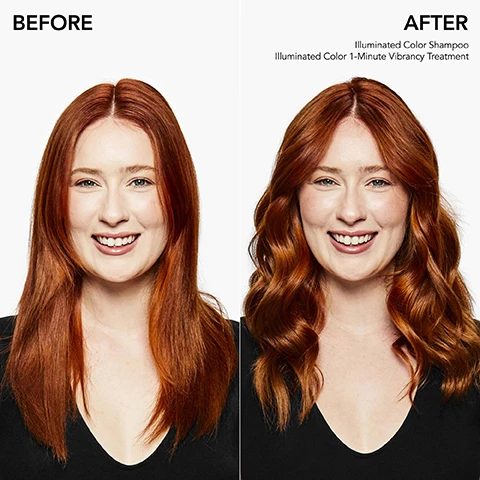 Image 1 - A woman with long red hair smiles in a split image showing her hair before and after using hair products; the left side has straight hair while the right side has wavy hair, with visible text reading BEFORE on the left and AFTER on the right, alongside Illuminated Color Shampoo and Illuminated Color 1-Minute Vibrancy Treatment on the right.
              Image 2 - A bottle of Bumble and bumbles Illuminated Color 1-Minute Vibrancy Treatment is displayed against a colorful background, with text stating 36 WASHES OF COLOR PROTECTION and 3 DAYS LASTING SHINE.
              Image 3 - Image shows a graphic titled Illuminated Color How It Works, featuring three sections with illustrations: the first describes Pro Colorshield Technology with a depiction of strands and sparkles, the second describes Kukui Seed Oil with an image of a nut and oil droplet, and the third highlights Balances Hairs pH with an illustration of a pH meter; visible text includes the section titles and explanations.
              Image 4 - Image of a bottle of Bumble and Bumble Illuminated Color 1-Minute Vibrancy Treatment against a gradient background, with icons and text highlighting benefits such as adds shine, color fading, color vibrancy, softens, oil-infused, smoothes, and a note indicating it is vegan.
              Image 5 - Image shows a collection of five hair care products arranged in order from left to right labeled with numbers: 01 SHAMPOO, 02 CONDITIONER, 03 1-MINUTE VIBRANCY TREATMENT, 04 LEAVE-IN SEAL LIGHT/RICH, and 05 Bb. PRIMER OR STYLER, with a colorful gradient background.