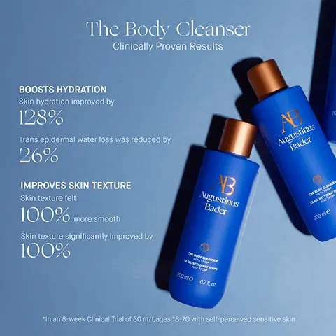 Image 1, The Body Cleanser Clinically Proven Results BOOSTS HYDRATION Skin hydration improved by 128% Trans epidermal water loss was reduced by 26% IMPROVES SKIN TEXTURE Skin texture felt B Augustinus Bader 100% more smooth 100% Skin texture significantly improved by 200 me 670 *In an 8-week Clinical Trial of 30 m/f.ages 18-70 with self-perceived sensitive skin A Augustinus Bader 200 me Image 2, Step 1 Apply to damp skin and gently massage into a lather Step 2 Rinse thoroughly and dry skin. Follow with your Augustinus Bader skincare routine image 3, NB AB How to Use 1. Cleanse & Hydrate THE BODY CLEANSER 2. Soften & Smooth THE BODY OIL 3. Hydrate & Firm THE BODY LOTION OR THE BODY CREAM