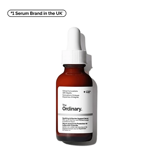 Image 1 - A brown glass bottle with a white dropper cap labeled The Ordinary containing Soothing & Barrier Support Serum and features the text *1 Serum Brand in the UK*.
              Image 2 - A glossy, light pink substance is dripping from a tube, accompanied by three icon descriptors that say Repairs and Strengthens the Skin Barrier, Reduces the Look of Redness, and Improves Skins Hydration.
              Image 3 - A person applying a pink skincare product to their cheek, with text that reads Repairs Barrier, Reduces Redness, and Improves Hydration.
              Image 4 - Image shows a close-up of a pink serum with text listing key ingredients in a Soothing & Barrier Support Serum, including Centella Asiatica Phytotechnologies, Vitamin B12, Gallic Acid Derivatives, Soothing Complex, Bisabolol, Sugar-Based Hydrators, Ceramides, and Niacinamide.
              Image 5 - A brown serum bottle with a dropper cap sits against a soft pink background with wavy texture, displaying the text Soothing & Barrier Support Serum and A multi-active serum designed to support skin-barrier repair, while soothing discomfort and reducing the look of redness.
              Image 6 - Image shows a skincare regimen featuring three products labeled as PREP, TREAT, and SEAL, with the products being Squalane Cleanser, AHA 30% + BHA 2% Peeling Solution, and Natural Moisturizing Factors + HA, along with text describing their benefits for hydrated and brighter-looking skin.
              Image 7 - A glossy pink cream is spread out on a white background with text below stating Repairs the skin barrier in 2 hours. *Clinical testing on 23 women after one application.