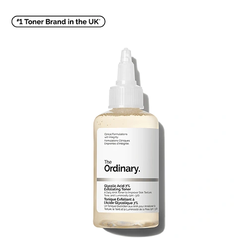 Image 1 - A bottle of The Ordinary Glycolic Acid 7% Exfoliating Toner with a white pointed cap is displayed, with a badge in the top left corner that reads #1 Toner Brand in the UK, and the bottle text includes Clinical Formulations with Integrity Formulations Cliniques Empreintes dIntégrité The Ordinary. Glycolic Acid 7% Exfoliating Toner A Daily AHA Toner to Improve Skin Texture, Tone and Luminosity (pH ~3.6) Tonique Exfoliant à lAcide Glycolique 7% Un Tonique Quotidien AHA pour Améliorer la Texture, le Teint et la Luminosité de la Peau (pH ~3.6). Image 2 - A close-up of a clear, bubbly liquid with three text points: Significantly Smoothed Skin Texture, Improves Signs of Congestion, and Instantly Boosts Skin Radiance. Image 3 - The image displays a side-by-side comparison of a persons cheek and eye area, showing skin Before and After treatment, where the After image shows a visibly more even skin tone and reduced appearance of dark spots, with accompanying text reading Promotes a more radiant, even skin tone, Before, After, and *Testing on 30 panellists using the product 1x/day. Image 4 - An infographic about exfoliation benefits shows a scalp, an arm, and an elbow, with text Not just for your face. Regular exfoliation helps to: Rebalance dry scalp skin, Smooth arms, legs, elbows, and knees, Soften the feel of rough, bumpy skin. Image 5 - A womans hand touches her glossy upper arm, with text overlays Exfoliating and Smoothing. Image 6 - A petri dish with clear liquid is shown next to text detailing the ingredients of Glycolic Acid 7% Exfoliating Toner: Key ingredients in Glycolic Acid 7% Exfoliating Toner: 7% Glycolic Acid An alpha-hydroxy acid that provides surface exfoliation. The smallest molecule within our direct acids. Tasmanian Pepperberry Derivative A source of anthocyanins. Image 7 - A glass bowl with pale yellow liquid is shown at the top, while a person applies a cotton pad to their cheek on the bottom left, with text that reads: Glycolic acid has the smallest molecular size of all AHAs. That means it penetrates deeper and works faster to exfoliate dead surface cells, smooth uneven texture, and reveal brighter skin. Image 8 - The image displays a skincare regimen featuring The Ordinary products, including a white tube of Glucoside Foaming Cleanser, a clear dropper bottle of Niacinamide 10% + Zinc 1%, a clear bottle of Glycolic Acid 7% Toning Solution, and a grey tube of Natural Moisturizing Factors + Beta Glucan, all presented with the visible text A simple regimen for brighter skin, PREP Glucoside Foaming Cleanser, TREAT Glycolic Acid 7% Toning Solution Niacinamide 10% + Zinc 1%, and SEAL Natural Moisturizing Factors + Beta Glucan. Image 9 - The image shows two bottles of The Ordinary toner, a white bottle of Saccharomyces Ferment 30% Milky Toner and a clear bottle of Glycolic Acid 7% Exfoliating Toner, presented under the heading What Toner Should I Use?, with the Milky Toner described as a gentle, non-acid based exfoliator that gently exfoliates and reduces the look of dark spots, is suitable for sensitive skin, and can be used twice daily, while the Exfoliating Toner is described as a direct-acid exfoliator that smooths skin texture and evens out skin tone, is best for experienced direct acid users, and can be used once daily.