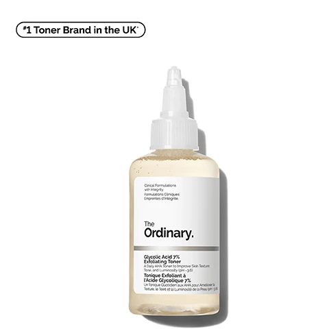 Image 1 - A clear bottle of The Ordinary Glycolic Acid 7% Exfoliating Toner with a white label and visible text stating Clinical Formulations with Integrity and Glycolic Acid 7% Exfoliating Toner along with #1 Toner Brand in the UK.
              Image 2 - A close-up image of bubbles on a light, reflective surface with three bullet points beside the bubbles stating significantly smoothed skin texture, improves signs of congestion, and instantly boosts skin radiance.
              Image 3 - Image showing a comparison of skin tone on a face, labeled Before on the left and After on the right, with a circular areas highlighting changes in the skin; text reads Promotes a more radiant, even skin tone and includes a footnote regarding testing on 30 panellists using the product 1x/day.
              Image 4 - A person is using a cotton pad to gently exfoliate and smoothen their skin, with the words Exfoliating and Smoothing displayed below the image.
              Image 5 - Image shows a close-up view of a clear toner in a glass container with text outlining key ingredients: 7% Glycolic Acid, which provides surface exfoliation, and Tasmanian Pepperberry Derivative, a source of anthocyanins.
              Image 6 - An infographic featuring The Ordinarys Glycolic Acid 7% Exfoliating Toner with illustrations of various product pairings, benefits, and hacks for skincare, including text such as Face Hack, Body Hack, and Elbow Hack.
              Image 7 - Image features a skincare regimen diagram with products labeled for each step: A simple regimen for brighter skin, prep includes Glucoside Foaming Cleaner, treat includes Glycolic Acid 7% Toning Solution and Niacinamide 10% + Zinc 1%, and seal includes Natural Moisturizing Factors + Beta Glucan.
              Image 8 - An image featuring two toner products side by side with text: on the left, a bottle labeled Saccharomyces Ferment 30% Milky Toner with descriptions including a gentle non-acid exfoliator suitable for sensitive skin; on the right, a bottle labeled Glycolic Acid 7% Exfoliating Toner with descriptions highlighting it as a direct-acid exfoliator best for experienced users. The heading reads What Toner Should I Use?
              Image 9 - An image displaying two sizes of skincare products from The Ordinary, a 240 mL full-size bottle of Glycolic Acid 7% and a 100 mL travel-size bottle, with visible text Explore 2 Sizes, 240 mL Full Size, and 100 mL Travel Size.