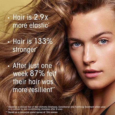Image 1, hair is 2.9 times more elastic. hair is 133% stronger, after just one week 87% felt their hair was more resistant. based on a clinical test of hair alchemy shampoo, conditioner and fortifying treatment when used as a system vs no conditioning shampoo after 5 uses. based on a consumer panel survey of 106 women. Image 2, multi action hyaluronic acid complex, delivers a surge of moisture to restore elasticity. curative blend, of chia seed, plant based protein and bamboo leaf forms a protective veil while building strength from within. Image 3, hair alchemy, strengthens and reinforces fragile, weak hair. strengthens inherently weak, fragile, brittle or breakage prone hair. hydrates and prevents breakage reducing hair fall and encouraging length over time. gold lust, repairs and restores damaged hair. repairs existing damage caused by processing, heat styling and brushing. rejuvenates hair so it appears more hydrated, youthful and healthy.