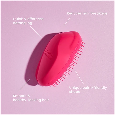 Image 1, quick and effortless, reduces hair breakage, smooth and healthy looking hair. unique palm friendly shape. image 2, before and after. image 3, the original mini s 9.9cm tall and 6.6cm wide. the original is 11.9cm tall and 7.9cm wide.