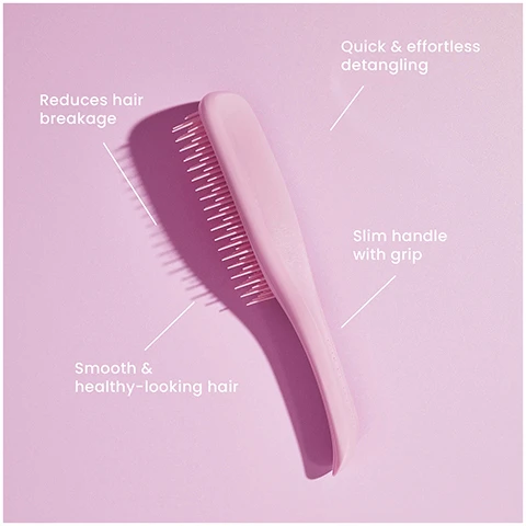 Image 1, reduces hair breakage, quick and effortless detangling, smooth and healthy looking hair, slim handle with grip. image 2, before and after. image 3, the ultimate detangler mini great for small hands is 15.5cm tall and 5.3cm wide. the ultimate detangler is 22.1cm tall and 6.6cm wide. the ultimate detangler larger great for thick and curly hair types is 23.6cm tall and 7.9cm wide.