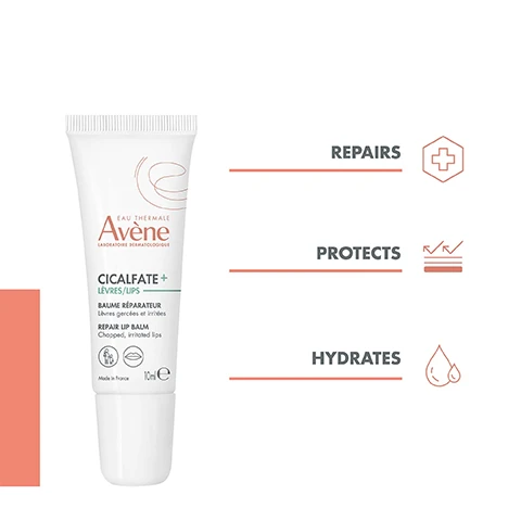 Image 1, repairs, protects and hydrates. image 2, step 1 = soothe with avene thermal spring water. step 2 = repair with cicalfate plus repair lip balm. 3 = restore with cicafate plus restorative protective cream. image 3, soothing and nourishing texture - fragrance free.