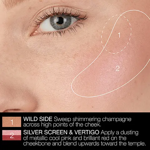 Image 1, 1 WILD SIDE Sweep shimmering champagne across high points of the cheek. 2 SILVER SCREEN & VERTIGO Apply a dusting of metallic cool pink and brilliant red on the cheekbone and blend upwards toward the temple. Image 2, 1 WILD SIDE Illuminate the high points of the cheek with shimmering champagne. 2 HOTSPOT Sculpt satin soft peach in an almond shape at highest point of cheekbone for lifted effect. 3 CITY LIGHTS Deepen the hollow of the cheek with persimmon orange. Image 3, 1 WILD SIDE Highlight directly above the apple of the cheek with shimmering champagne. 2 VERTIGO Blend metallic brilliant red on the cheekbone. 3 SABRINA Build dimension by blending terracotta below hollows of the cheek.