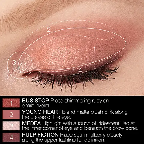 Image 1, 1 BUS STOP Press shimmering ruby on entire eyelid. 2 YOUNG HEART Blend matte blush pink along the crease of the eye. 3 MEDEA Highlight with a touch of iridescent lilac at the inner corner of eye and beneath the brow bone. 4 PULP FICTION Place satin mulberry closely along the upper lashline for definition. Image 2, 1 AFTER DARK Apply metallic purple umber across entire eyelid.
              2 MOONLIGHT Deepen the crease by blending matte raspberry. 3 LET LOOSE Pop peach champagne shimmer at inner corner of the eye and beneath brow bone. 4 VELVET ROPE Blend into the outer corner with matte plum brown to deepen the look. Image 3,  1 PULP FICTION Apply satin mulberry across entire eyelid. 2 MOONLIGHT Blend matte raspberry into the crease for depth. 3 STARLET Highlight the inner corner of eye with sparkling bronze gold. 4 VELVET ROPE Deepen the outer corner with matte plum brown.