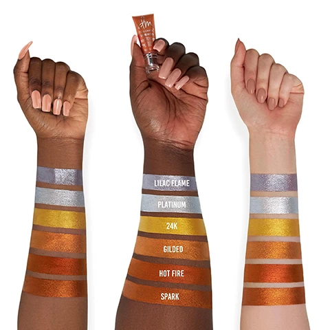 Image 1, swatches on 3 different skin tones. Image 2, Colorfix liquid metals highly reflective metal finish. Image 3, Multi purpose. All over face color, highly pigmented liquid cream formula 24 hour waterproof cease proof and smudge proof